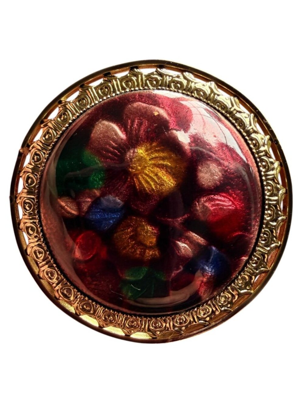 Vintage Reverse Carved Lucite Brooch Gold Tone Floral Pin 1950s New Old Stock